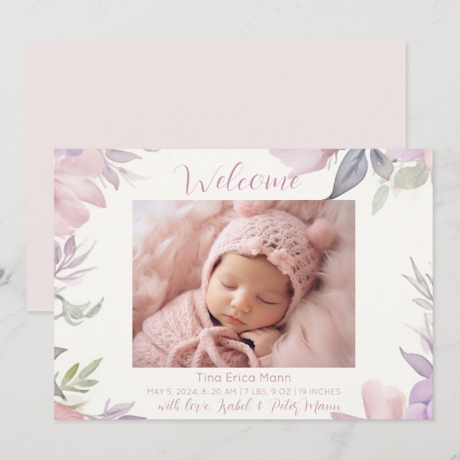 Pastel Flowers Welcome Baby Girl Birth  Announcement (Front/Back)