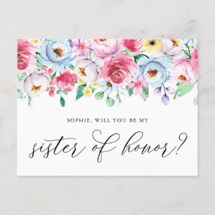 Pastel Flowers Will You Be My Sister of Honour Car Postcard