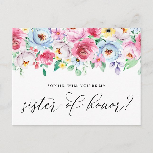 Pastel Flowers Will You Be My Sister of Honour Car Postcard (Front)