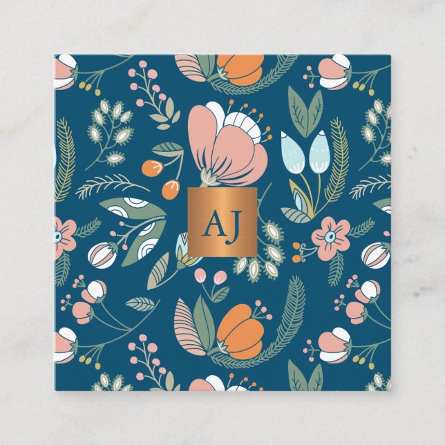 Pastel flowers with metallic copper monogram blue square business card (Front)