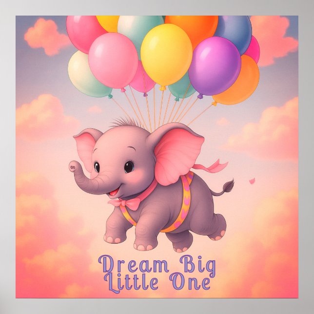 Pastel Flying Baby Elephant, Custom Nursery Poster (Front)