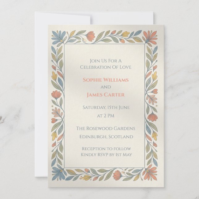Pastel Folk Floral Wedding Invitation (Front)