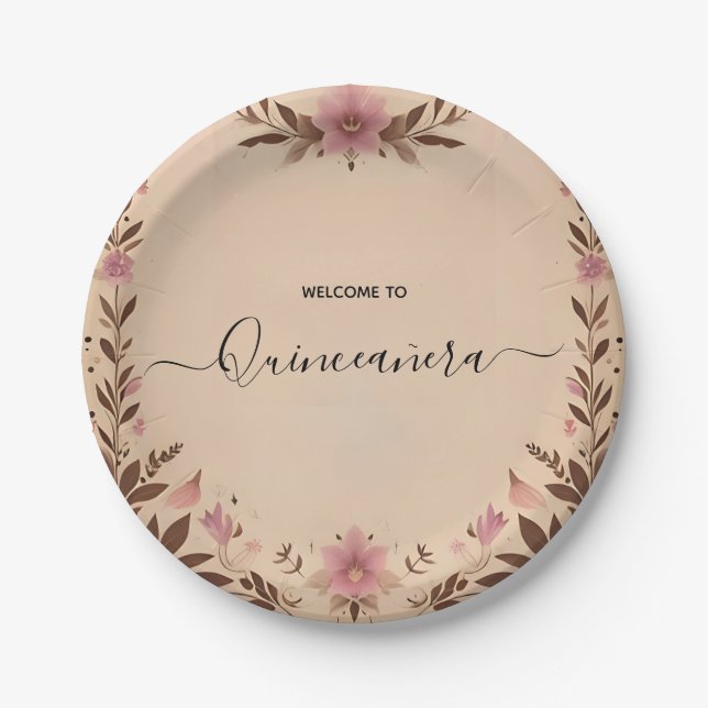 Pastel Font Dusty Glam Rose Gold Quinceanera Paper Plate (Front)