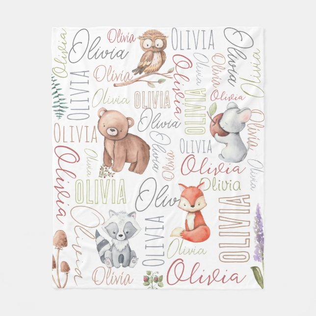 Pastel forest animals personalised name collage   fleece blanket (Front)