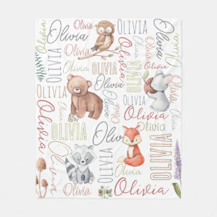 Pastel forest animals personalized name collage   fleece blanket