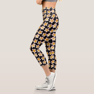 Pastel Frangipani Plumeria Flowers on Black Capri Leggings