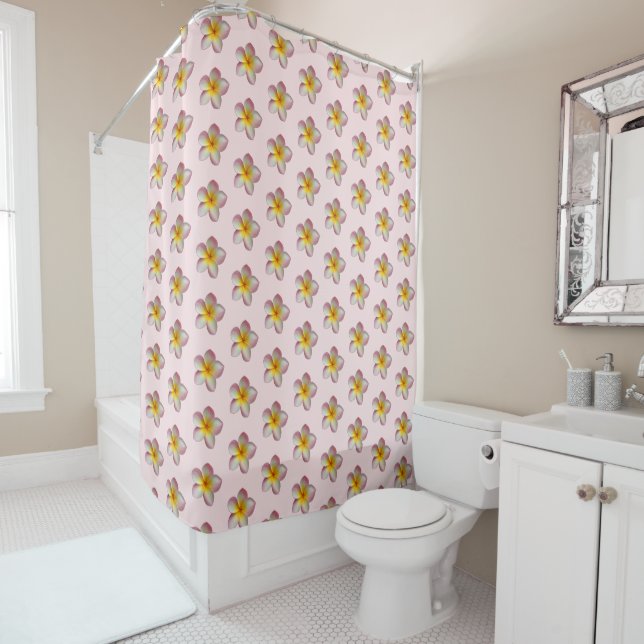 Pastel Frangipani Plumeria Flowers on Light Pink Shower Curtain (In Situ)