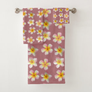 Pastel Frangipani Plumeria Flowers on Rose Gold Bath Towel Set