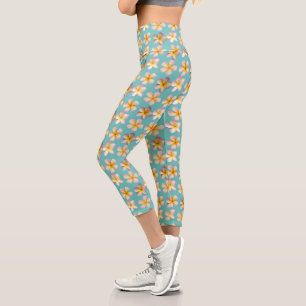 Pastel Frangipani Plumeria Flowers on Teal Capri Leggings