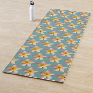 Pastel Frangipani Plumeria Flowers on Teal Yoga Mat