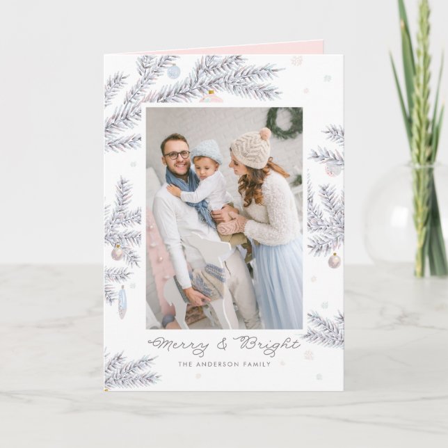 Pastel Frosted Pine Needles Merry & Bright Photo Holiday Card (Front)