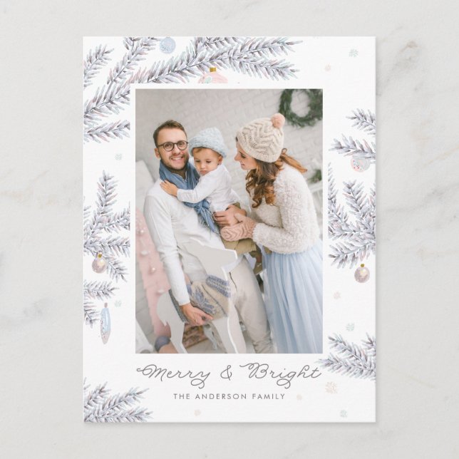 Pastel Frosted Pine Needles Merry & Bright Photo Holiday Postcard (Front)
