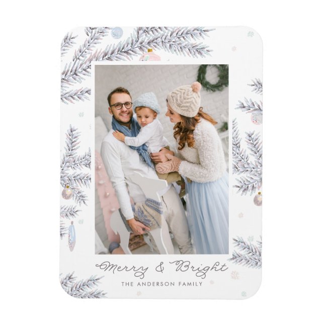 Pastel Frosted Pine Needles Merry & Bright Photo Magnet (Vertical)