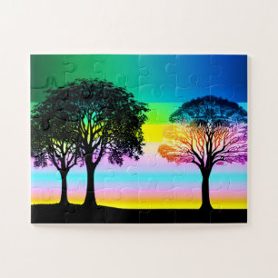 Pastel Fun Sunset Behind Silhouette Trees Jigsaw Puzzle