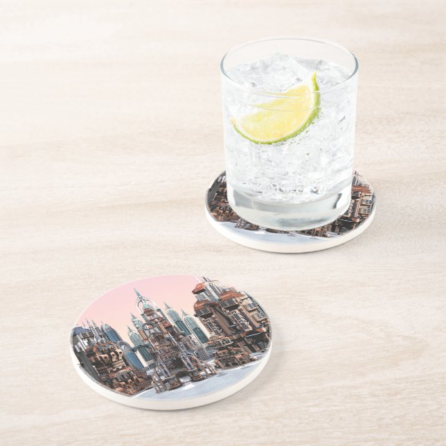 Pastel Futuristic City Fantasy Skyline Art Coaster (Side)