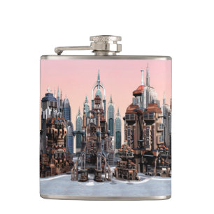 Pastel Futuristic City Fantasy Skyline Art Hip Flask