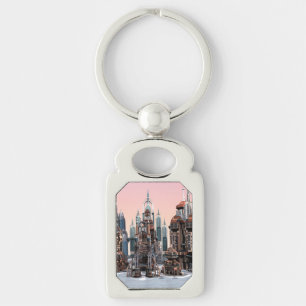 Pastel Futuristic City Fantasy Skyline Art Key Ring
