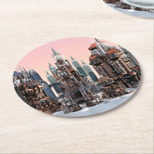 Pastel Futuristic City Fantasy Skyline Art Round Paper Coaster