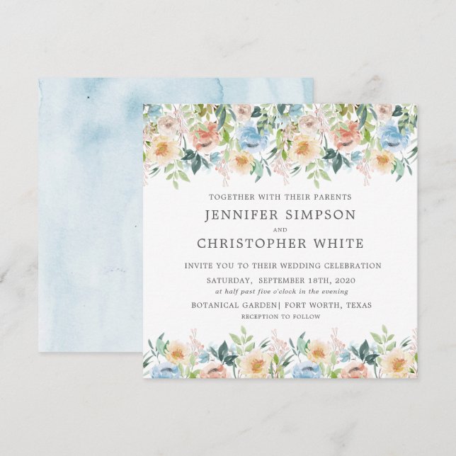 Pastel Garden Floral Square Wedding Invitation (Front/Back)