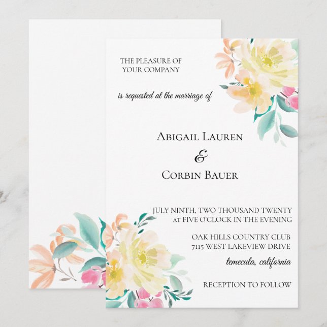 Pastel Garden Floral Wedding Invitation (Front/Back)