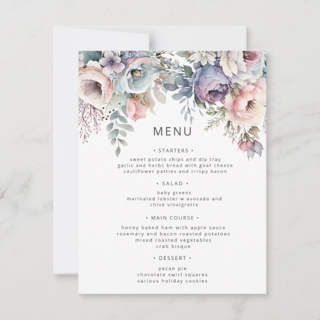 Pastel Garden Luxe Floral Wedding Menu Card (Front)