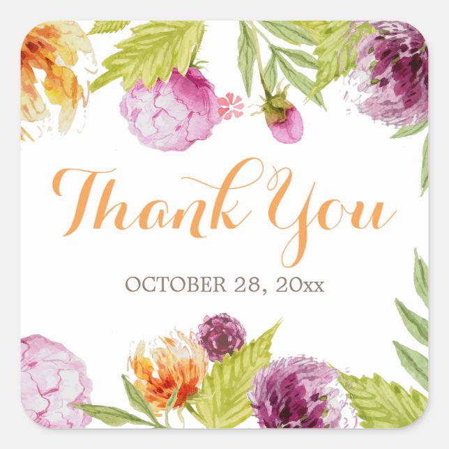 Pastel Garden Watercolor Floral Thank You Square Sticker (Front)