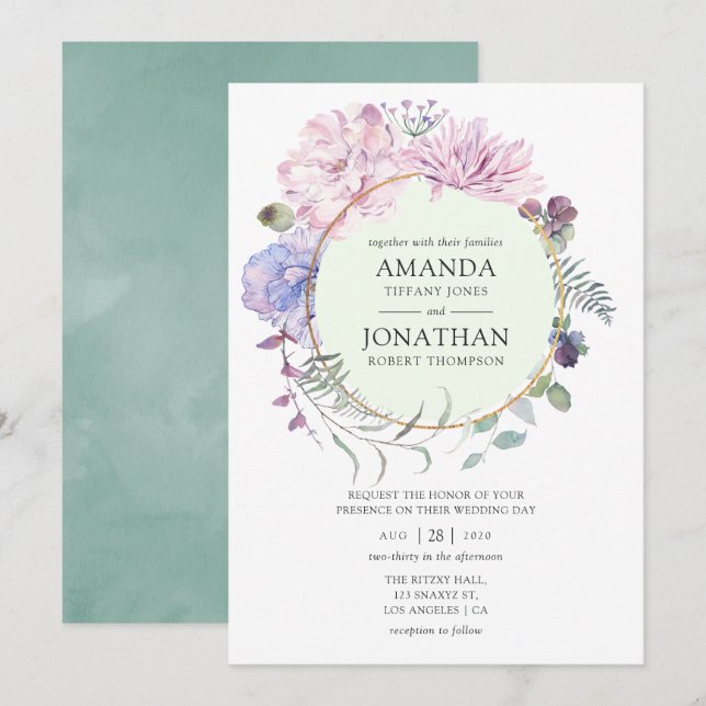 Pastel Geometric Peonies Floral Wedding Invitation (Front/Back)
