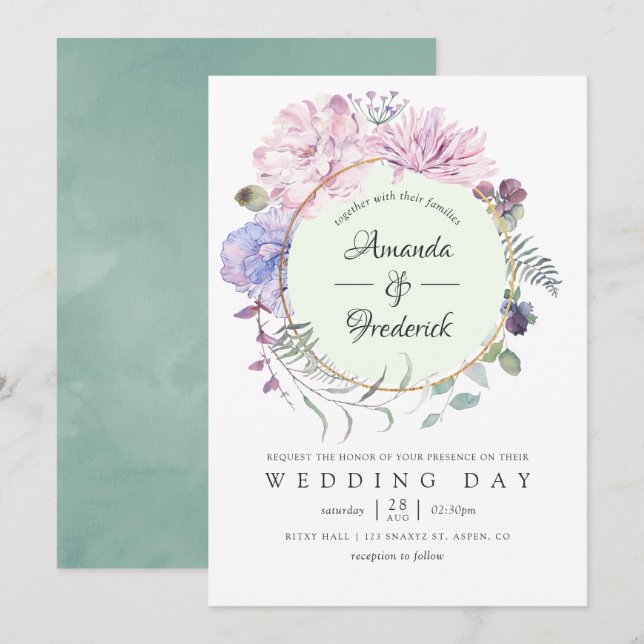 Pastel Geometric Peonies Floral Wedding Invitation (Front/Back)