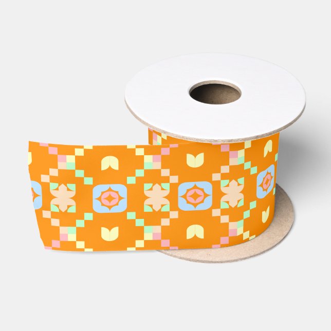 Pastel Geometric Pixel Pattern on Vibrant Orange  Satin Ribbon (Spool)
