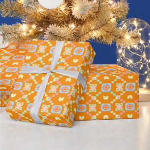 Pastel Geometric Pixel Pattern on Vibrant Orange  Wrapping Paper