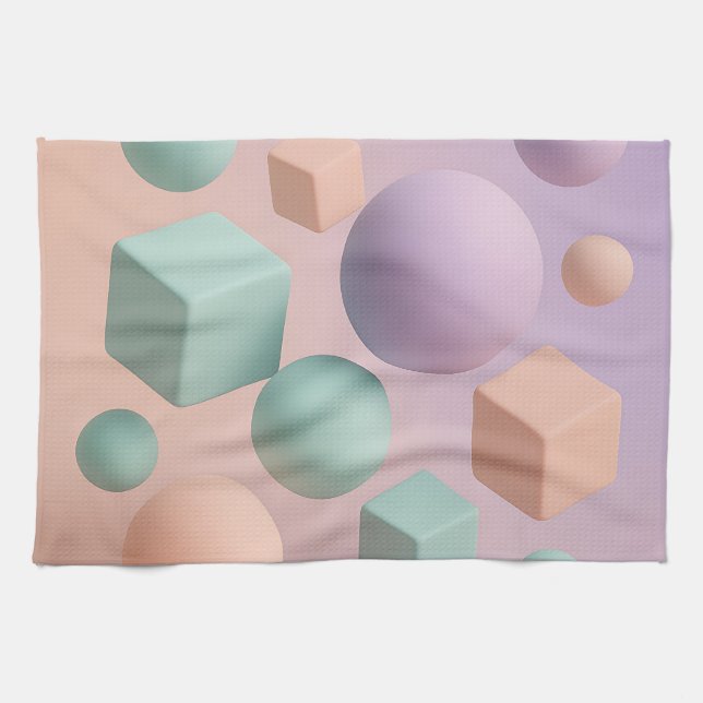 Pastel Geometric Spheres Cubes Tea Towel (Horizontal)