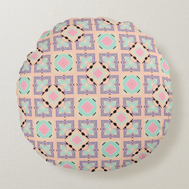 Pastel Geometric Tile Pattern | Pink Mint Purple  Round Cushion (Front)