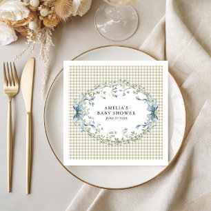 Pastel Gingham Blue Floral Baby Shower Napkin