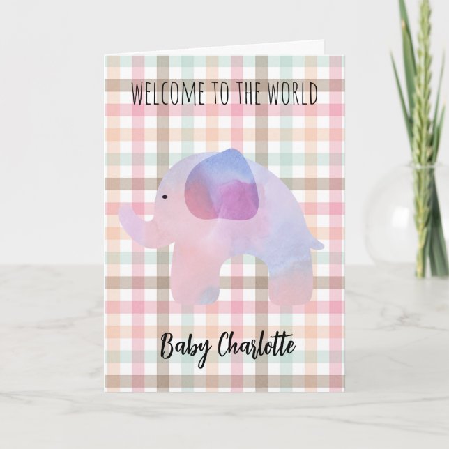 Pastel Gingham Elephant Welcome Baby Girl Card (Front)