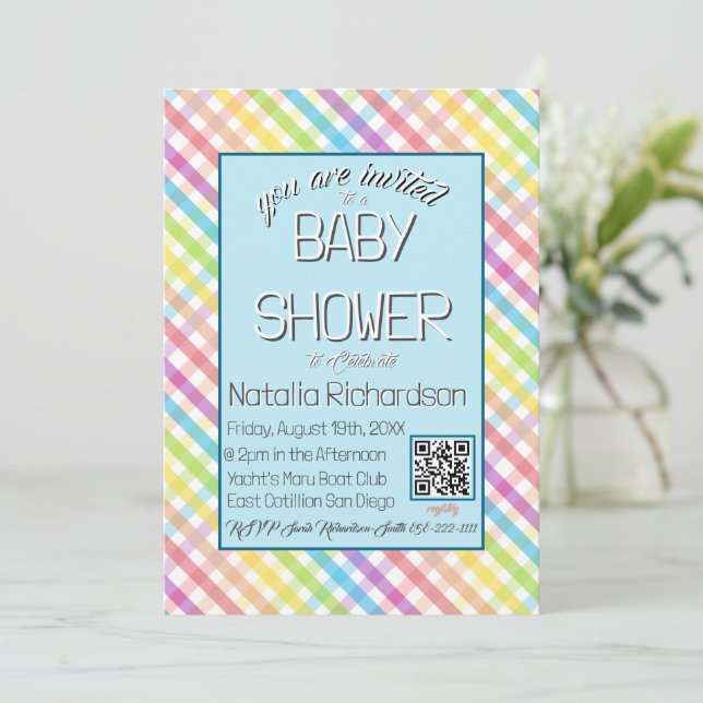 Pastel Gingham Rainbow Baby Shower Blue Invitation (Standing Front)