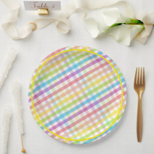 Pastel Gingham Rainbow Baby Shower Yellow Paper Plate