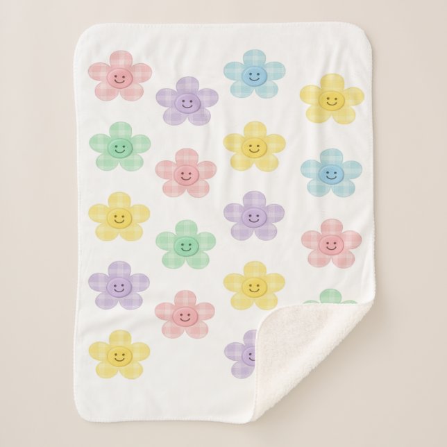 Pastel Gingham Smiling Flowers Cute Blanket  (Front)