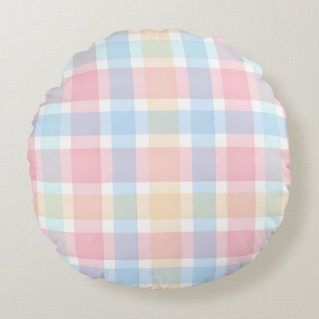 Pastel Gingham – Soft Watercolor Pattern Round Cushion (Front)