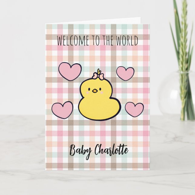 Pastel Gingham Yellow Duck Hearts Welcome Baby Card (Front)