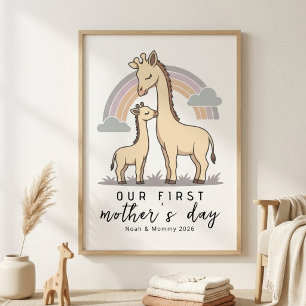 Pastel Giraffe Mom Baby First Mother’s Day Nursery Poster