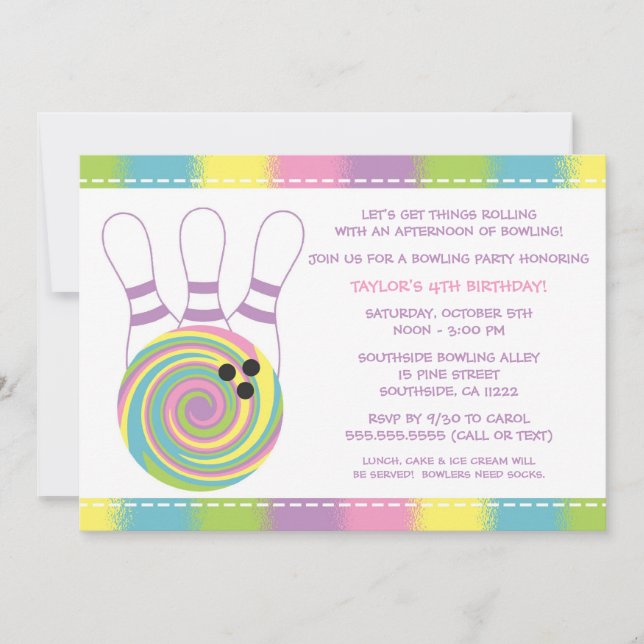 Pastel Girl Bowling Birthday Party Invitations (Front)
