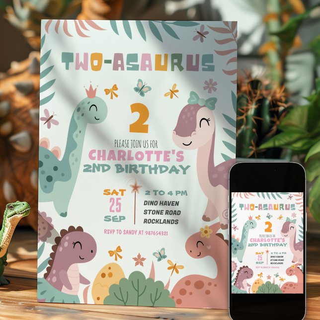 Pastel Girl Dinosaur 2nd Birthday Invitation (Creator Uploaded)