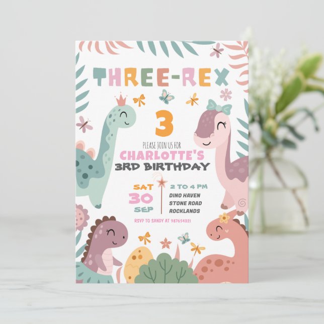 Pastel Girl Dinosaur 3rd Birthday Invitation (Standing Front)