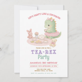 Pastel Girl Dinosaur Tea-Rex 3rd Girl Birthday Invitation