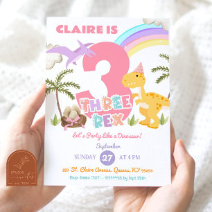 Pastel Girl Dinosaur Three Rex Birthday Party Invitation