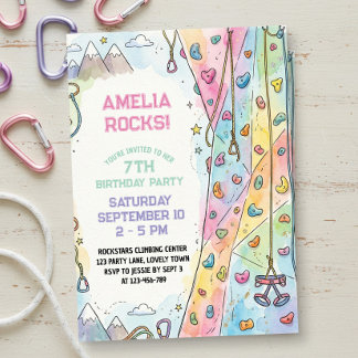 Pastel Girl Rock Climbing Mountain Birthday Invitation