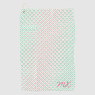 Pastel Girly Green & Pink Pattern With Initials Golf Towel