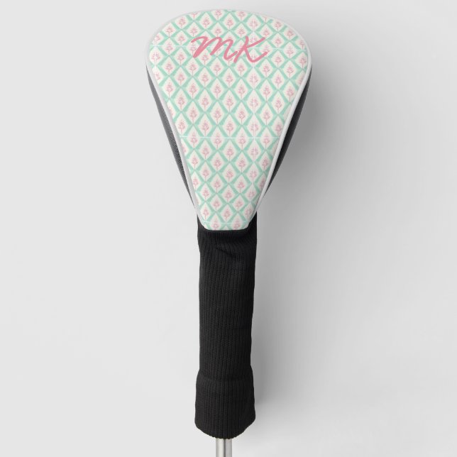 Pastel Girly Pink & Green Pattern with Initials Golf Head Cover (Front)