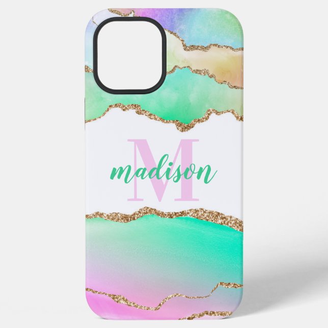 Pastel Glitter Agate Monogrammed iPhone Case (Back)