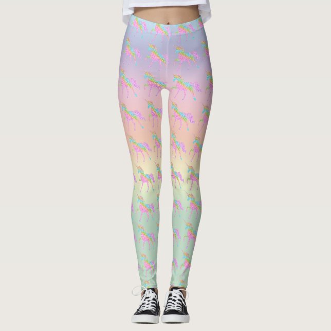 Pastel Glitter Rainbow Unicorn Leggings Yoga Pants (Front)